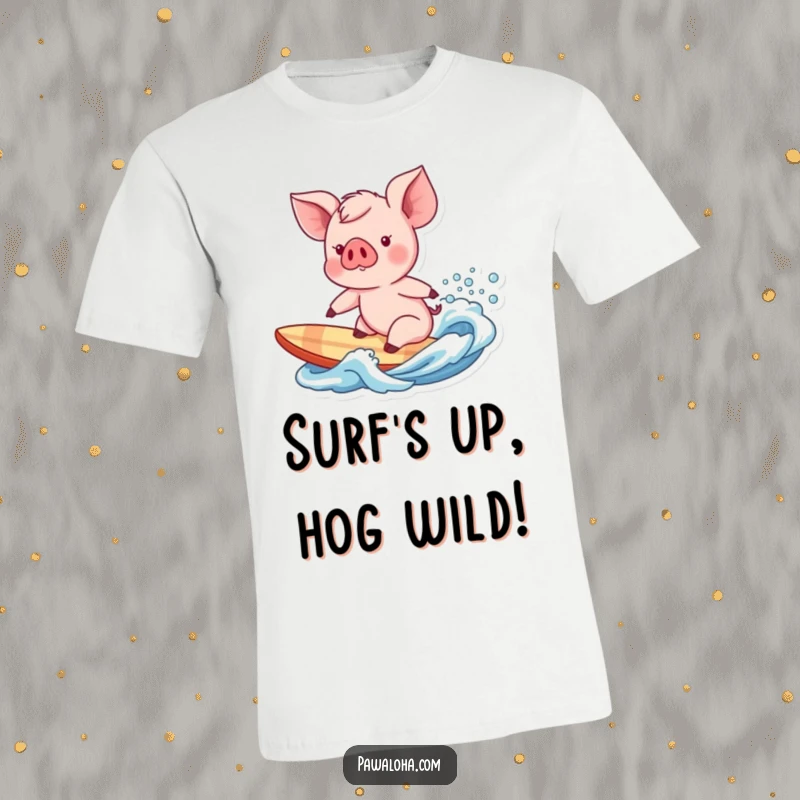 Funny piglet character getting ready to surf a gentle ocean wave, a humorous beach scene on this t-shirt.