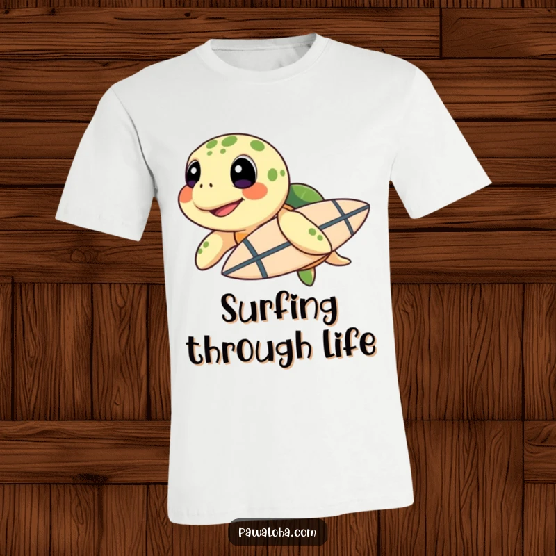 Funny Sea Turtle Surf T-Shirt: A happy sea turtle poised with a surfboard, ready to catch a wave with funny, oceanic cool.