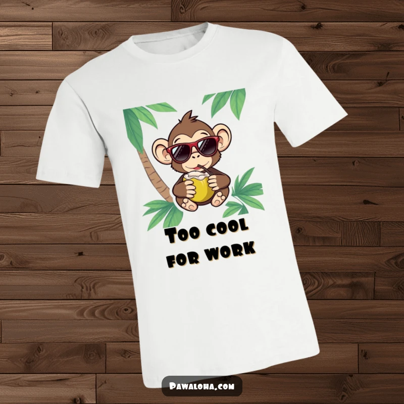 Funny Monkey Chill T-Shirt showing a monkey wearing sunglasses and sipping a coconut, radiating pure tropical relaxation.
