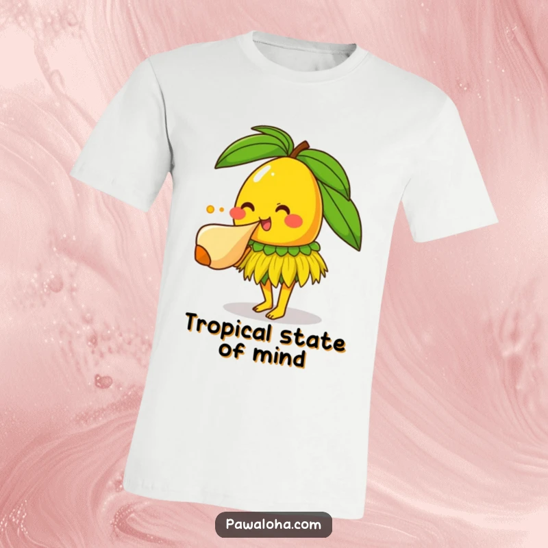 Funny smiling mango character wearing a grass skirt and blowing a conch shell on a vibrant t-shirt.