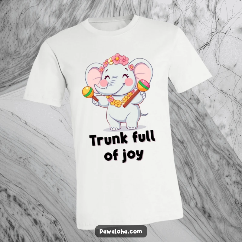 Funny Elephant Fiesta T-Shirt depicting a joyful elephant character wearing a flower garland and shaking maracas. Celebratory and funny.