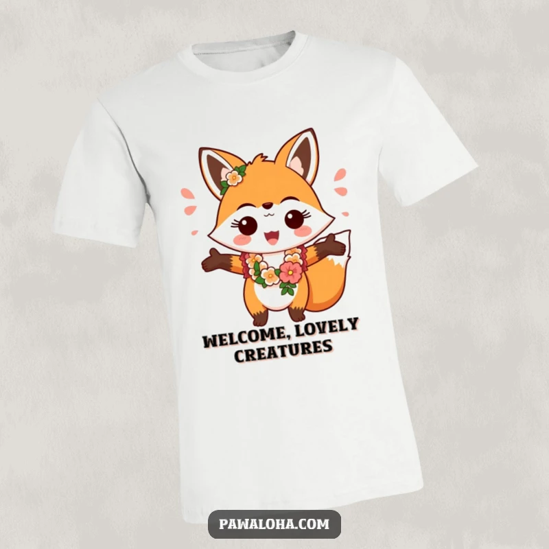 Funny fox wearing a colorful lei, greeting cheerfully with open arms, a welcoming design on this t-shirt.