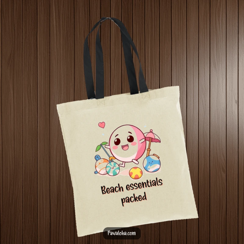 Funny beach ball tote bag with a playful character bouncing among other beach toys, perfect for carrying beach day necessities.