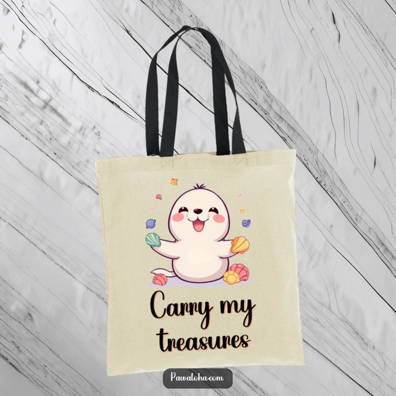 Funny tote bag with a playful seal beaming, expertly juggling colorful seashells, perfect for carrying essentials with a touch of marine fun.
