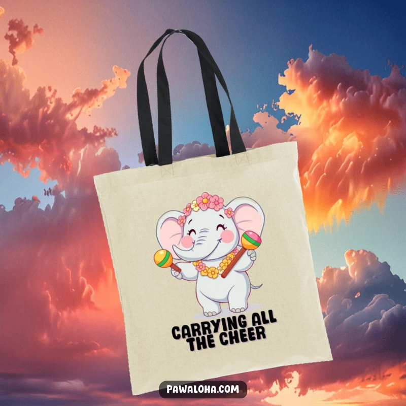 Funny Elephant Fiesta Tote Bag with a joyful elephant character in a flower garland, shaking maracas. Festive and practical.