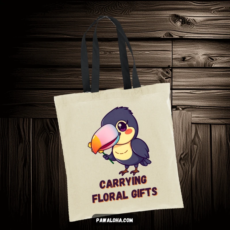 Funny Toucan Tote Bag with a cheerful toucan sporting a colorful beak, presenting a flower petal.