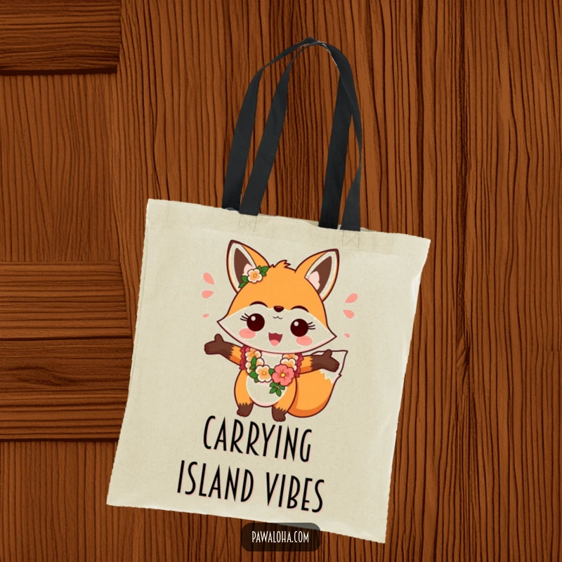 Funny fox wearing a lei, greeting joyfully with open arms, a humorous and practical tote bag design.