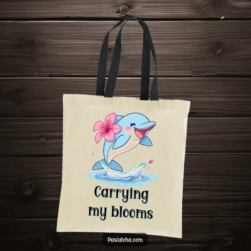 Funny dolphin character tote bag leaping joyfully out of the water with a hibiscus, ideal for beach trips.