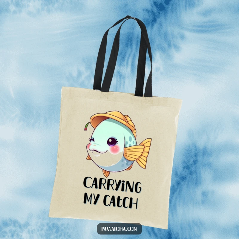 Funny vibrant fish character tote bag winking while wearing a tiny coconut hat, ideal for beach or daily use.
