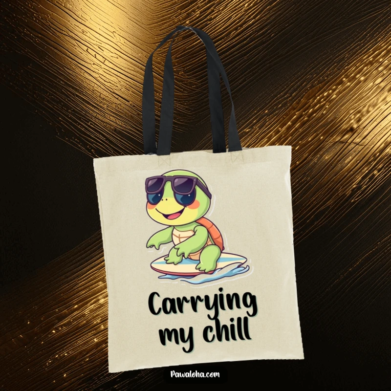 Funny turtle wearing sunglasses and surfing on a small board, featured humorously on a practical tote bag.