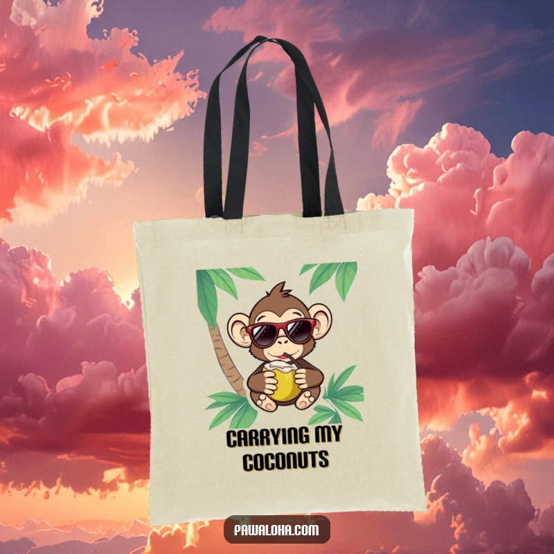 Funny Monkey Tote Bag with a monkey sporting sunglasses and enjoying a coconut, ideal for carrying essentials with flair.