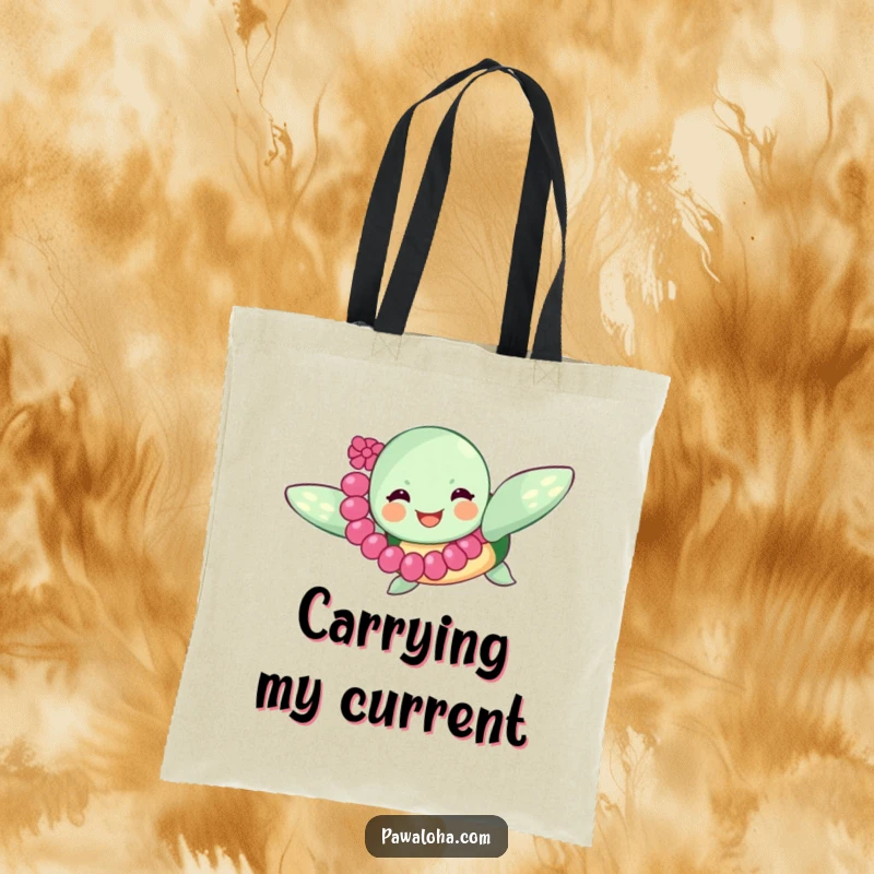 Funny sea turtle with a lei swimming happily, printed on a durable tote bag, perfect for carrying groceries or beach essentials with a splash of joy.