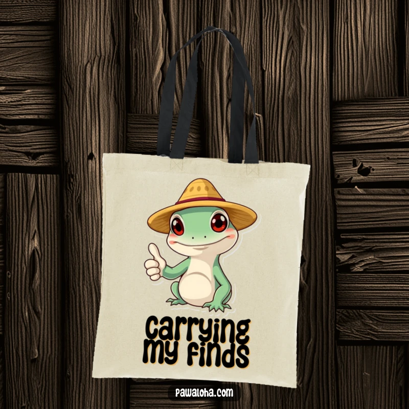 Funny gecko tote bag featuring a smiling character wearing a tiny straw hat and giving a thumbs up, perfect for errands.