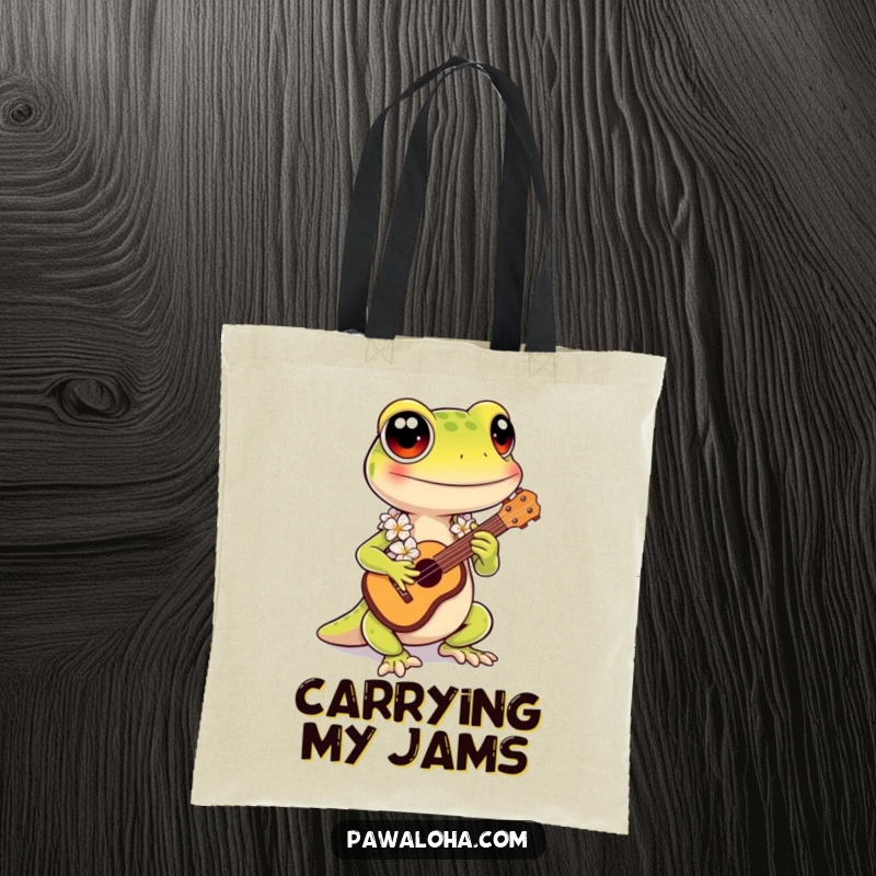 Funny Kawaii Gecko Tote Bag: Cute gecko with lei playing ukulele, a funny, practical accessory for island lovers.