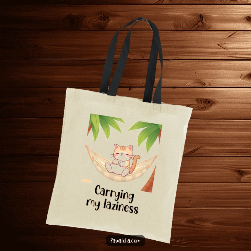 Funny Cat Hammock Tote Bag with a relaxed cat character in a hammock between palm trees. Stylish and humorous for errands.