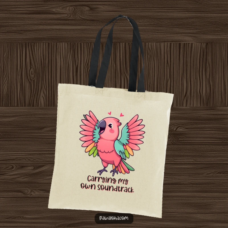 Funny Parrot Tote Bag featuring a vibrant parrot with wings spread, singing a cheerful tune, ideal for daily use.