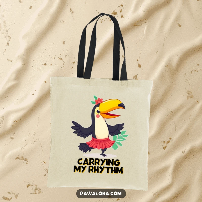 Funny toucan character in a hula skirt dancing joyfully on a tote bag, ideal for carrying essentials with tropical flair.