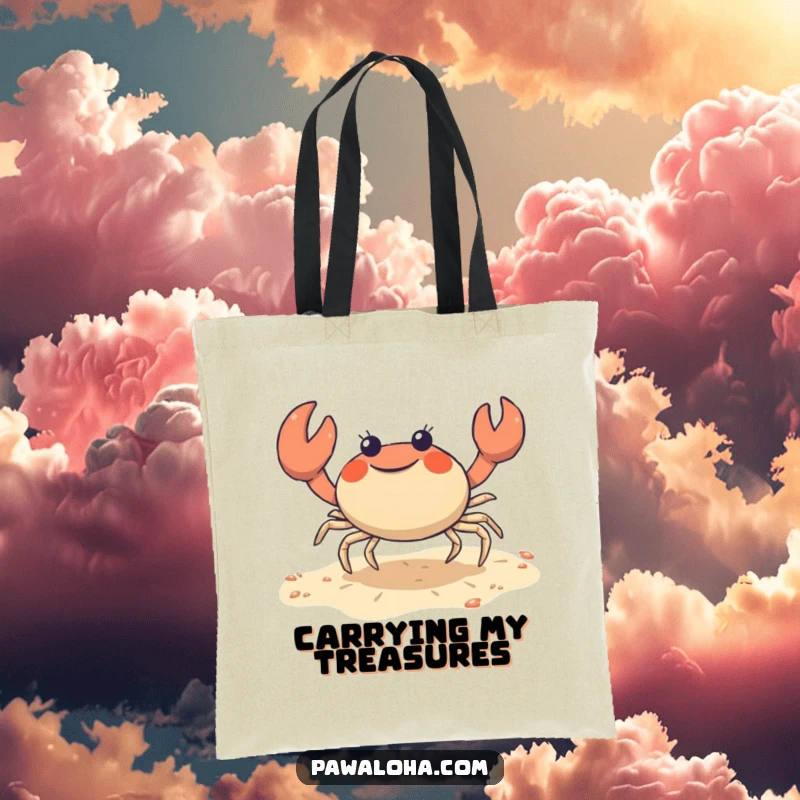 Funny crab tote bag featuring a cute character joyfully doing a sideways shuffle on the sand, perfect for beach day essentials.