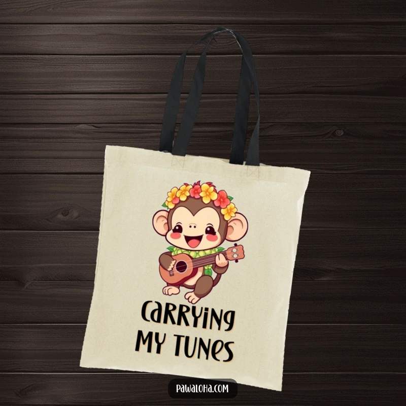 Funny Kawaii monkey tote bag displaying a happy character in a lei playing a ukulele, ideal for carrying items with a touch of tropical humor.