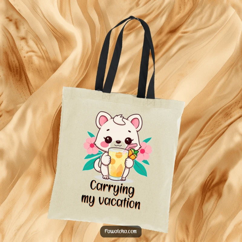Funny Kawaii Sip Animal Tote Bag: Adorable cartoon animal holding a tropical drink with a straw, perfect for carrying essentials with a relaxed vibe.