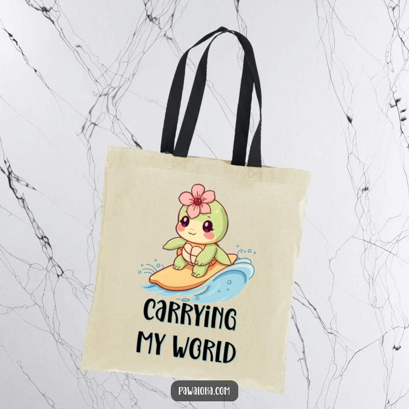 Funny Kawaii sea turtle with a flower behind its ear surfs a wave on a durable and stylish tote bag.