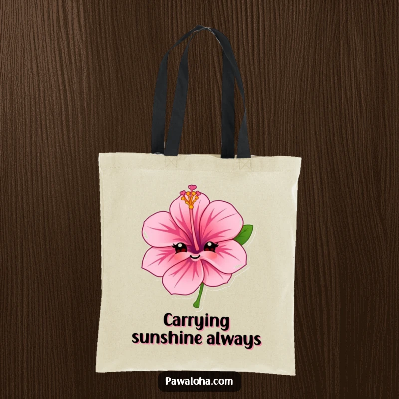 Funny hibiscus flower tote bag featuring a character with a sweet, friendly smile, ideal for shopping or daily use.