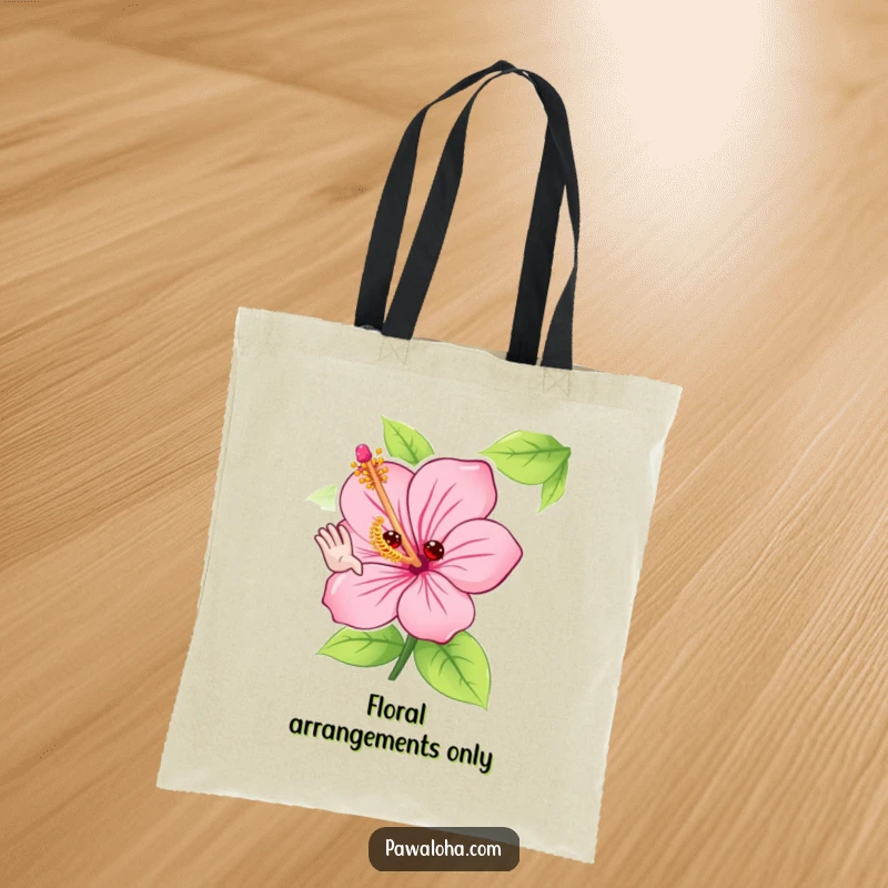 Funny hibiscus flower tote bag showcasing a cute character adorably waving hello with its petals, ideal for shopping and everyday use.