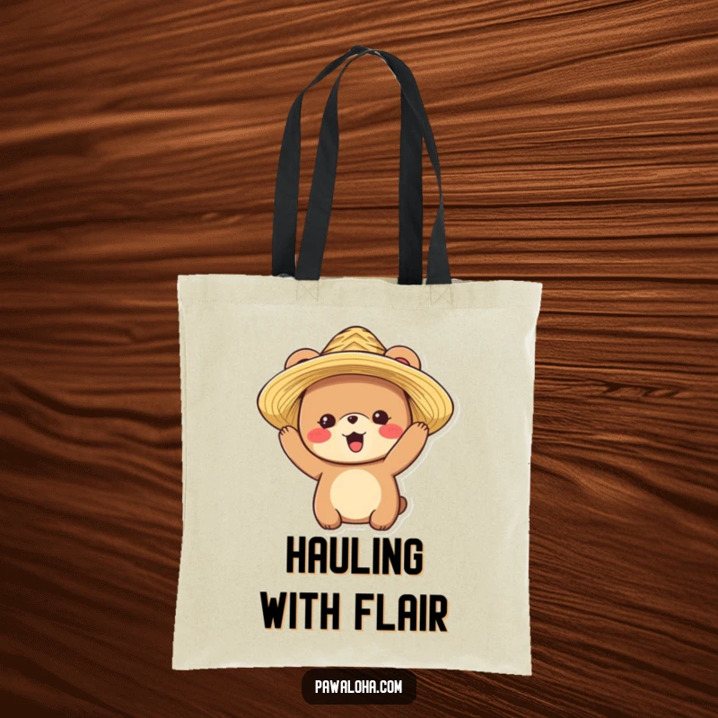 Funny tote bag depicting a delighted bear character trying on a straw hat, ready for adventures and errands.