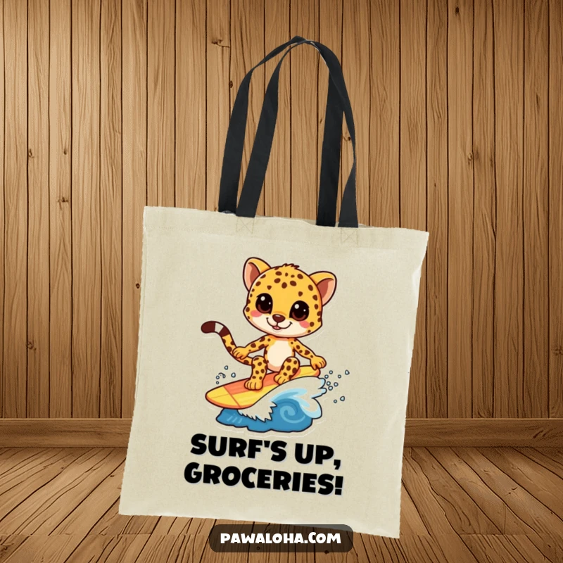 Funny tote bag depicting a cheetah character expertly surfing on a small, colorful wave, ready for beach trips.