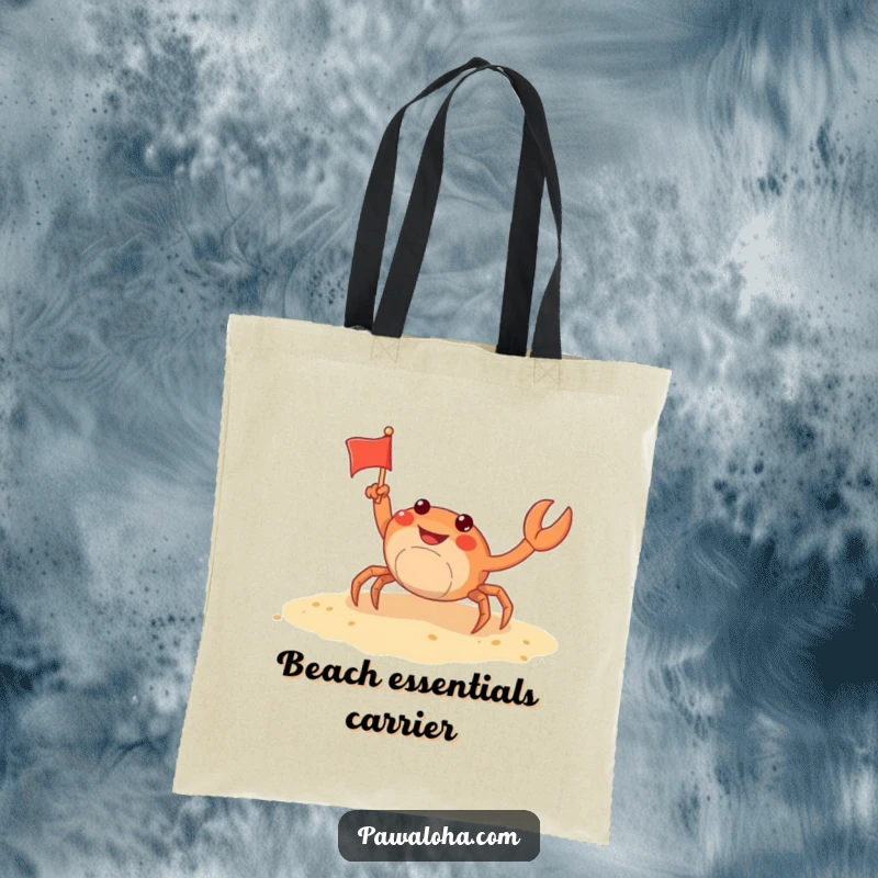 Funny crab tote bag featuring a playful crab waving a tiny flag on a sandy shore, ideal for carrying beach essentials with humor.