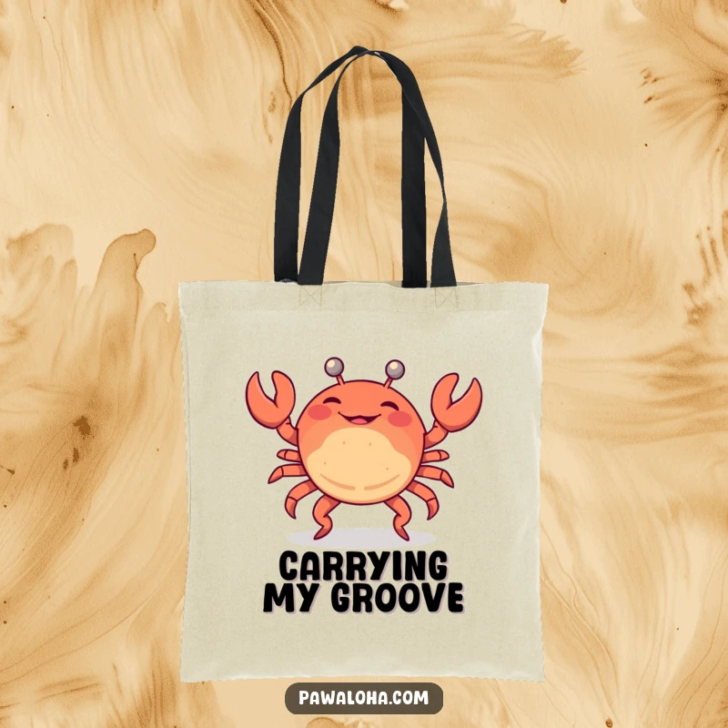 Funny tote bag featuring a crab doing a limbo dance, perfect for carrying items and showcasing a fun party spirit.