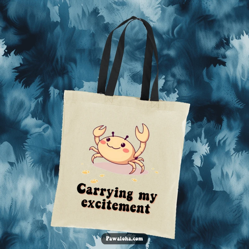 Funny tote bag with a delighted crab scuttling sideways on sand, leaving footprints, embodying a joyful beach experience.