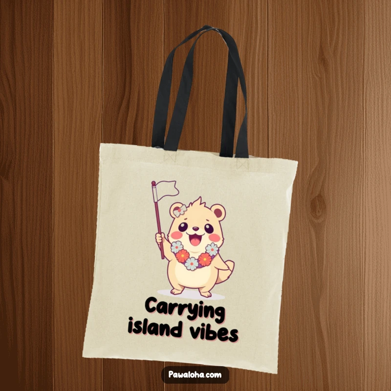Funny tote bag featuring a creature in a lei, enthusiastically waving a tiny flag, ready for a fun tropical adventure.