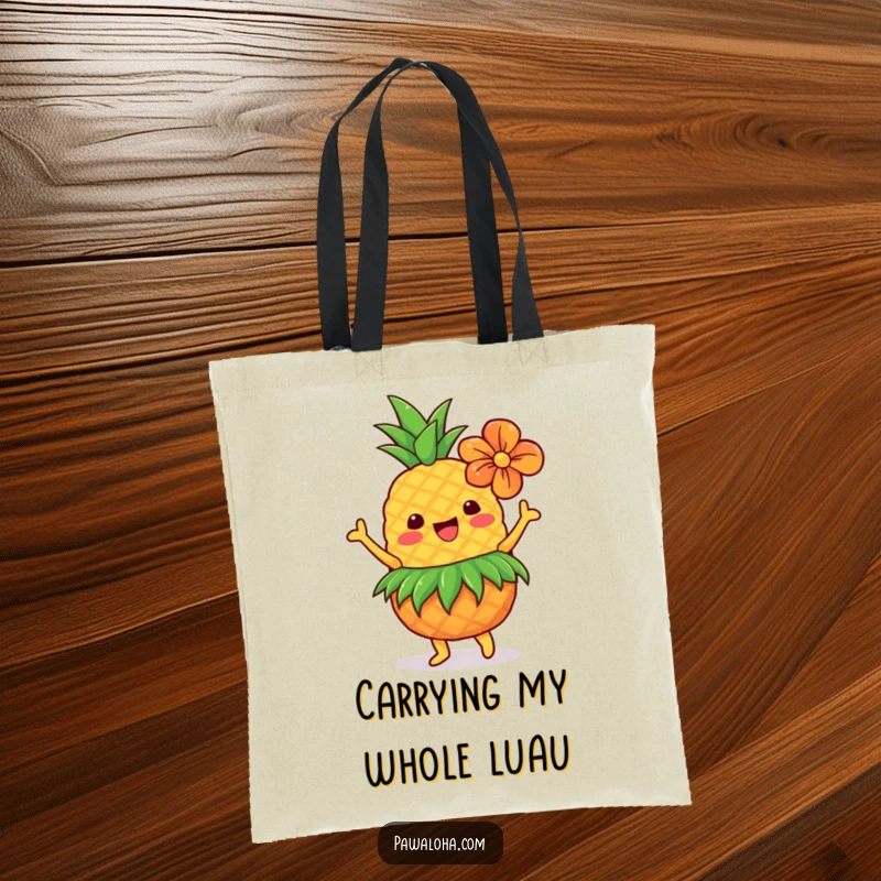 Funny dancing pineapple with grass skirt and flower, a tropical delight on this humorous tote bag.
