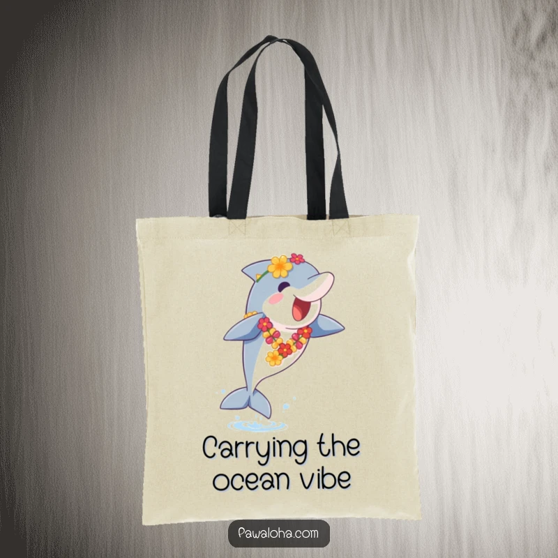Funny Dolphin Tote Bag: A vibrant dolphin with a lei leaps from ocean waves, showcasing a funny and joyful tropical escape.