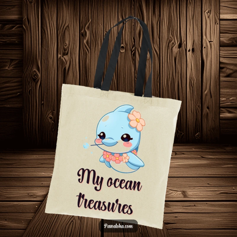 Funny dolphin tote bag with a tiny lei, blowing radiant sparkly bubbles, a curious sea creature design, eco-friendly and stylish.