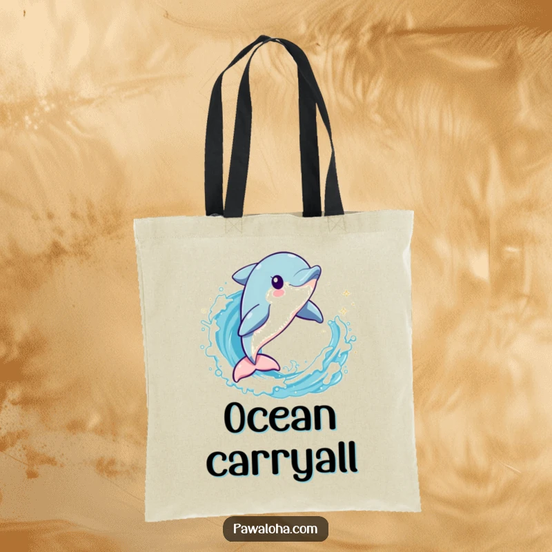 Funny dolphin character leaping through a sparkling wave on a tote bag, perfect for carrying beach essentials with style.