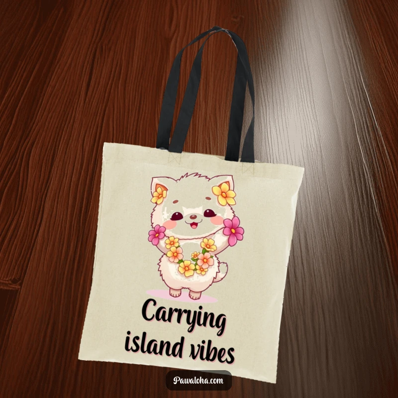 Funny fluffy animal adorned with a flower lei, captured mid-dance on a durable tote bag. Inspires a feeling of celebration.