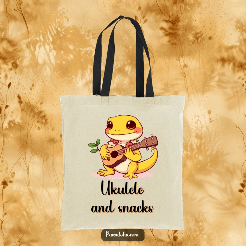 Funny tote bag with a kawaii gecko wearing a lei and playing a tiny ukulele, perfect for carrying your essentials.