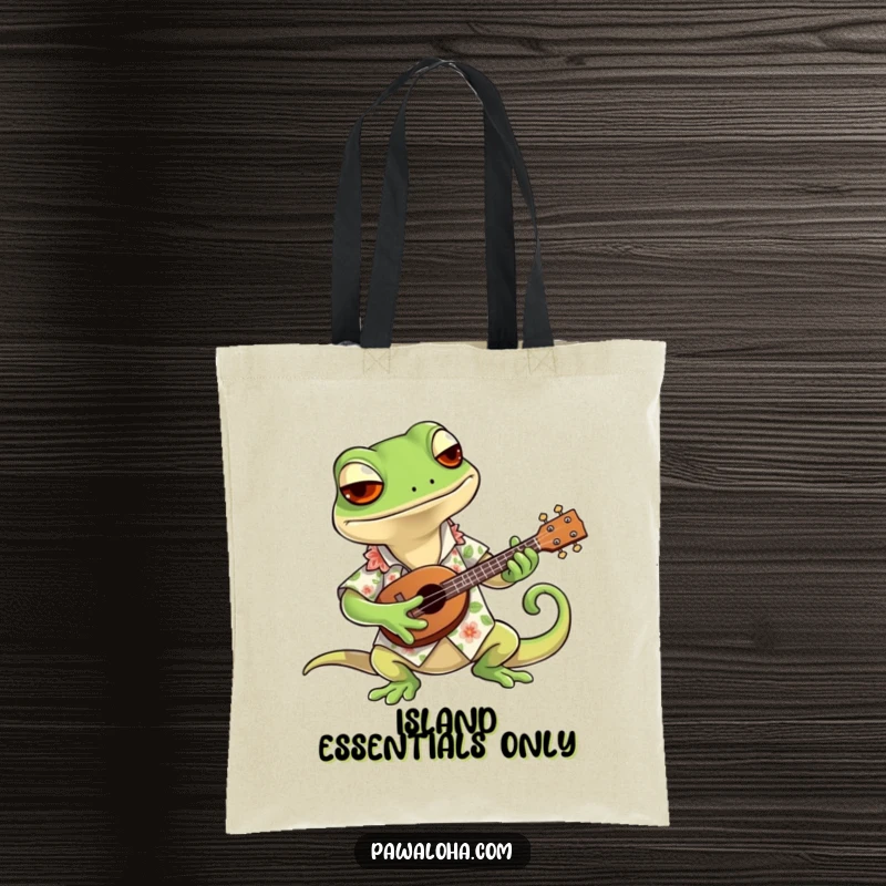 Funny tote bag with a cool gecko wearing a Hawaiian shirt, strumming a tiny ukulele, perfect for carrying essentials with a touch of humor.