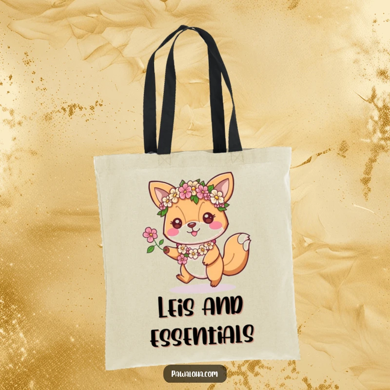 Funny Tote Bag: An animal character with floral leis hops enthusiastically, perfect for carrying excitement and daily items.