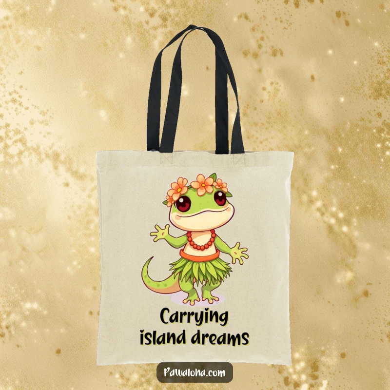 Funny Hula Gecko Tote Bag showcasing a lively gecko dancing the hula, ideal for carrying fun and essentials.