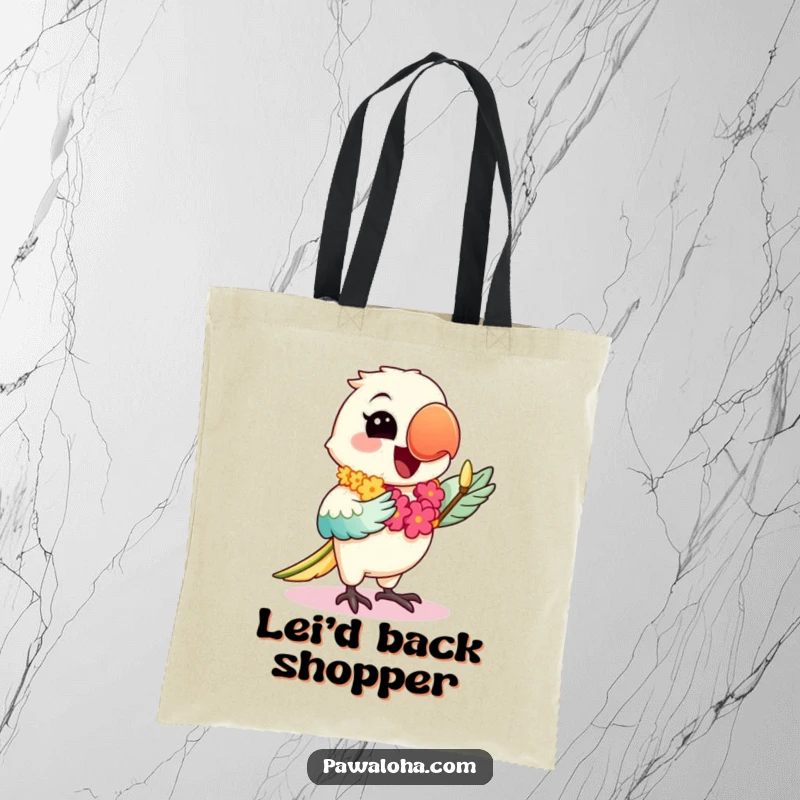 Funny tote bag featuring a happy kawaii parrot with a lei, dancing the hula, perfect for carrying beach essentials with tropical flair.