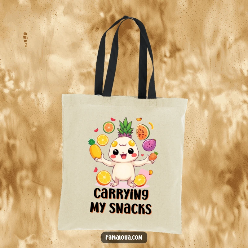 Funny creature juggling bright tropical fruits on a durable tote bag. Perfect for shopping and carrying colorful items.