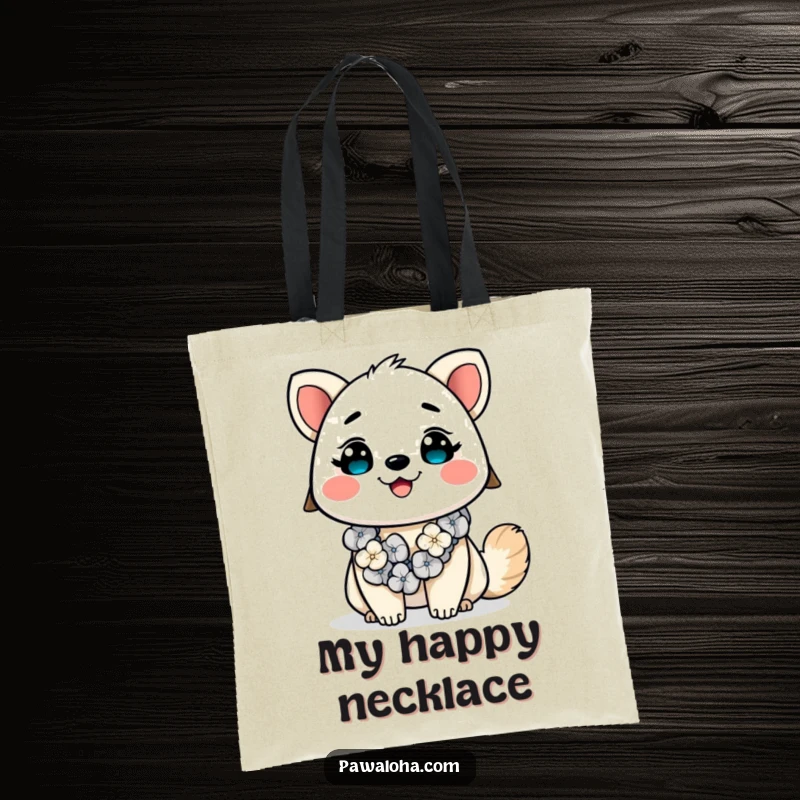 Funny Kawaii Aloha Animal Tote Bag: Cute cartoon animal wearing a lei, smiling brightly, perfect for carrying essentials with a happy vibe.