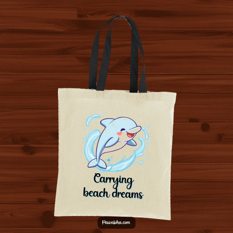 Funny Kawaii dolphin tote bag, a cute character leaping joyfully through ocean waves, perfect for carrying humorous beach essentials.