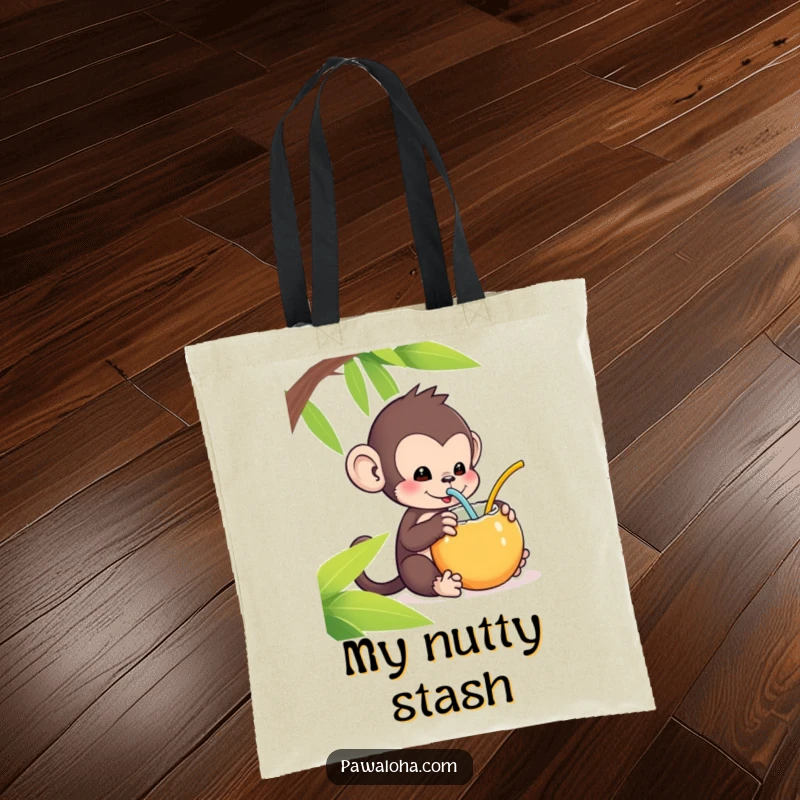 Funny Kawaii Monkey Tote Bag: Cute monkey sipping from a coconut with a straw, a funny and practical tropical bag.