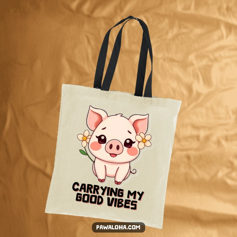 Funny Kawaii pig with a flower behind its ear, smiling widely on a durable tote bag, great for shopping.