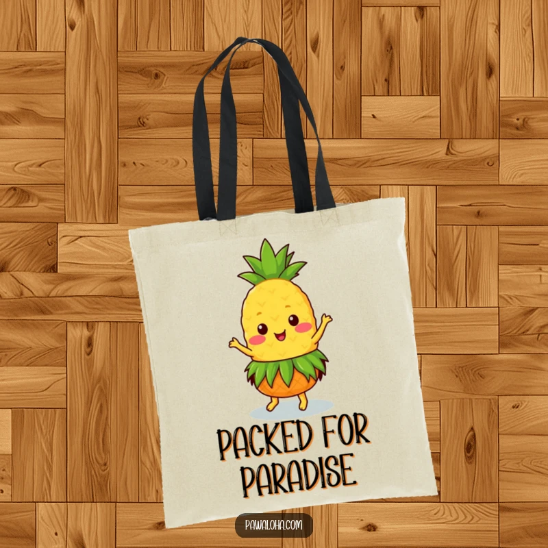Funny Kawaii pineapple in a grass skirt, dancing energetically on a tote bag, great for shopping.