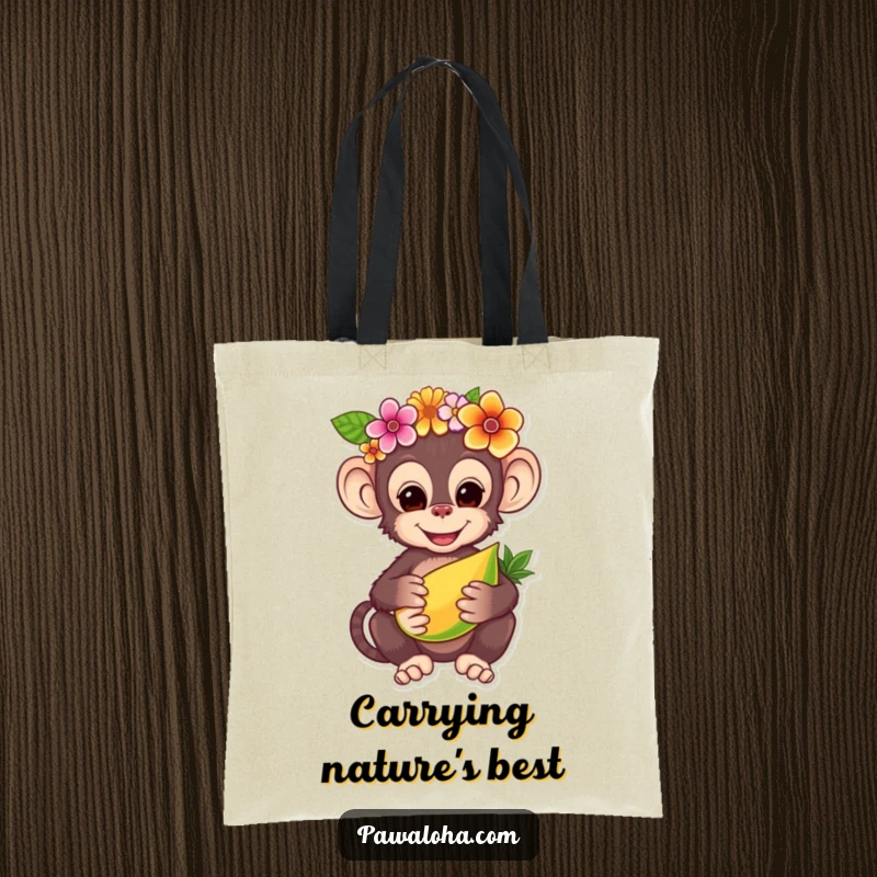Funny tote bag with a charming monkey wearing a flower crown, offering a tropical fruit, perfect for carrying essentials with jungle flair.